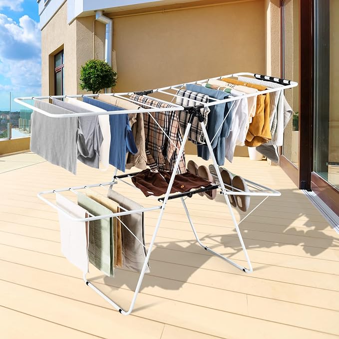 COSTWAY Clothes Drying Rack, Foldable 2 Tier Clothing Laundry Rack | Height-Adjustable Wings, 33 Drying Rails & Sock Clips, Portable Space Saving Racks for Apartment, RV, Indoor & Outdoor Use