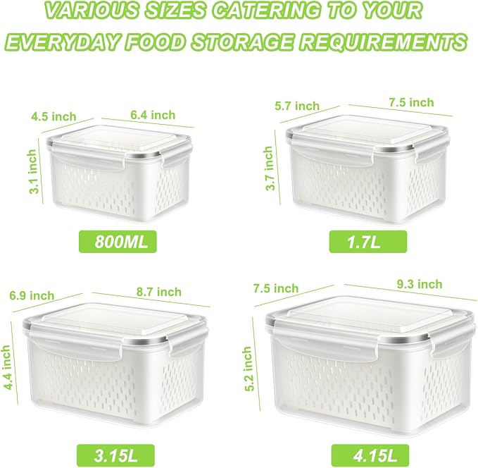 TBMAXS Fruit Storage Containers for Fridge, 4 Pack Produce Saver Vegetable Container with Drain Colanders - Refrigerator Organizer for Lettuce Keepers Berry Container