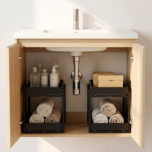 Bamboo Under Sink Organizer Adjustable Height 2 Tier Bathroom Organizer Pull Out Cabinet Storage Kitchen Heave Duty Wood Slide Ou Shelf for Kitchen Bathroom (Black, 2 Packs) (Black, 2 Pack)