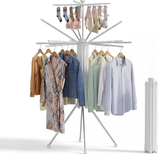 RFOUO Foldable Clothes Drying Rack Aluminum 4 Legs 16 Rods Double Layer | Portable，Space-Saving Freestanding Drying Rack for Indoor Outdoor, Apartment, Bedroom, Laundry Room