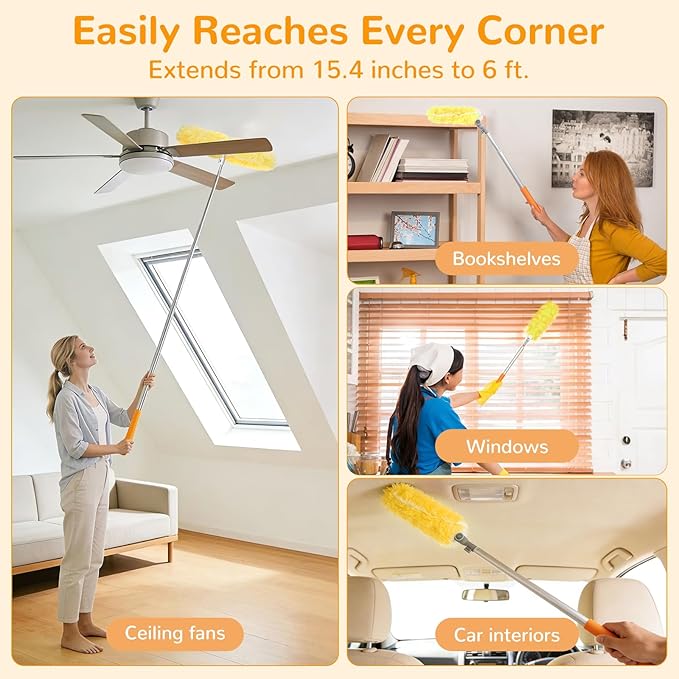 6 ft Long Handle Extendable Duster with 50 Refills for Swiffer Duster, Heavy Duty 360° Microfiber Dusting Kit for High Ceilings, Ceiling Fans, Tall Windows, and Hard-to-Reach Areas