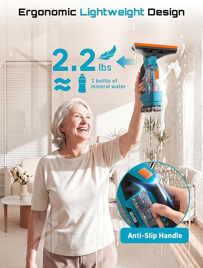 SEESII Cordless Window Vacuum Squeegee, 2000Pa Electric Window Squeegee, 120Mins Battery Life with 11" and 6.7" Squeegees for Mirrors, Glass, Tiles