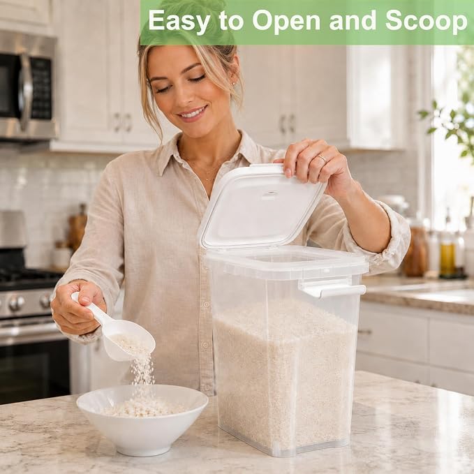 Tight-Lock Rice Container 10-15 Lbs - Airtight Flour Container with Scoop - Food-Grade Plastic Food Storage Container for Cereal, Sugar - Dry Food Dispenser for Kitchen, Pantry Organizers and Storage