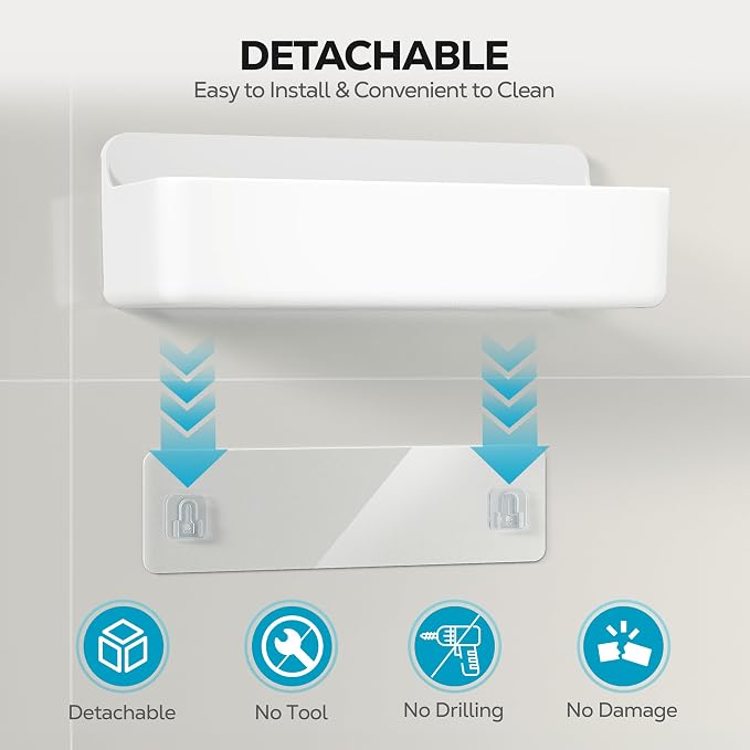 Nieifi Adhesive Shower Shelves, White, 4 Pieces | Rustproof ABS, Large Capacity, Removable Design, Easy-Clean, No Drilling Shower Organizer for Bathroom Storage & Home Decor