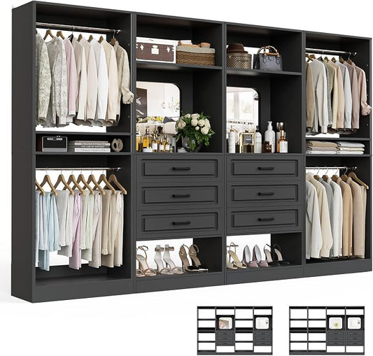 Unikito Closet System with Drawers, 100” Wood Closet Organizer with Hanging Rods and Mirror, Large Walk in Wardrobe Garment Rack with Adjustable Shelves, Sturdy Freestanding Closet Tower, Black