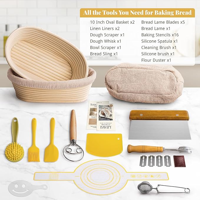 BAVIFY Sourdough Starter Kit, Banneton Bread Proofing Baskets Set, Sourdough Bread Baking Supplies Making Tools with Dough Scraper, Whisk, Bread Lame, Recipe, 2 Oval Gift Set