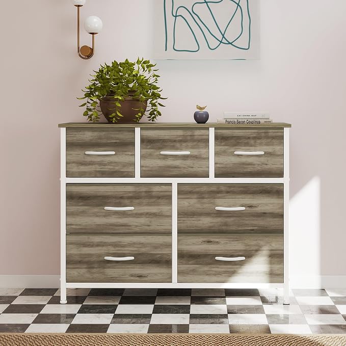 OLIXIS 7 Drawers Fabric Dresser for Bedroom, Storage Tower Organizer | Living Room & Entryway, Sturdy Steel Frame, Wooden Top & Easy-Pull Bins, Closet Chest for Clothes, Oak Greige