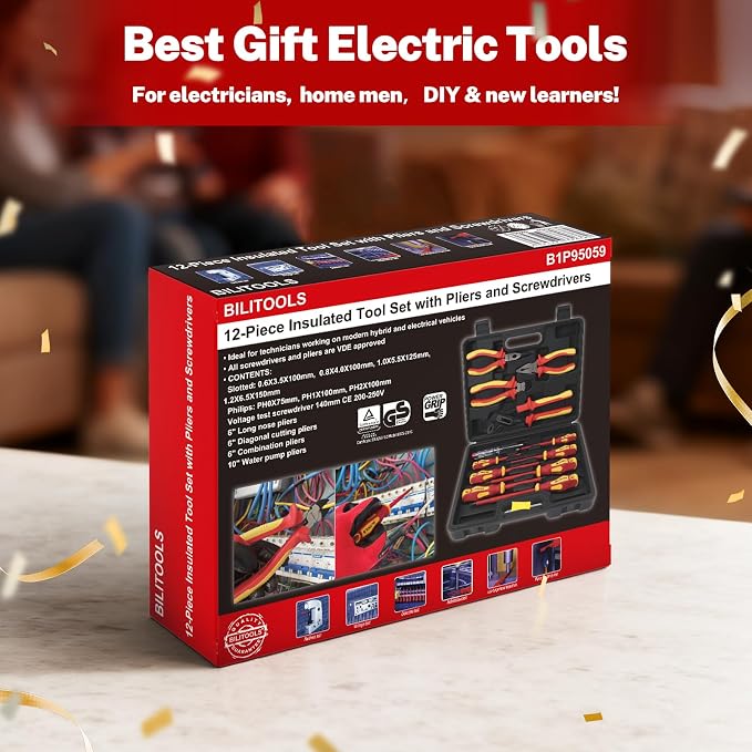 BILITOOLS 12-Piece 1000V VDE Insulated Screwdriver and Pliers Set | Magnetic Slotted and Phillips Tips, Insulated Long Nose, Combination, Diagonal and Water Pump Pliers, Voltage Tester