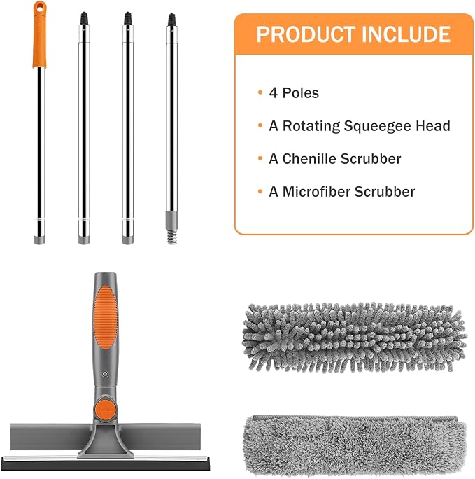 SetSail Window Squeegee with Extension Pole 2-in-1 Window Cleaning Kit Professional Window Cleaner Tool with Rotatable Head and 2 Scrubbers for Outdoor Indoor Car Windows Glass, Grey Orange