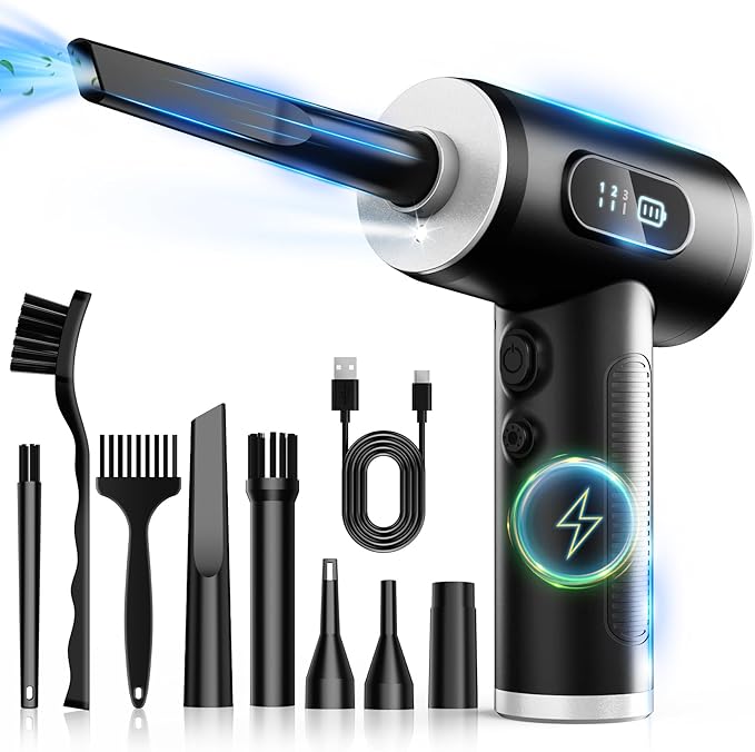 FRESMOL Compressed Air Duster, Rechargeable Cordless Electric Air Blower | 3-Gear Adjustable, 100000RPM, Smart LED Display, LED Light, Keyboard, PC, Car, Home Cleaning, Replaces Canned Air, Black