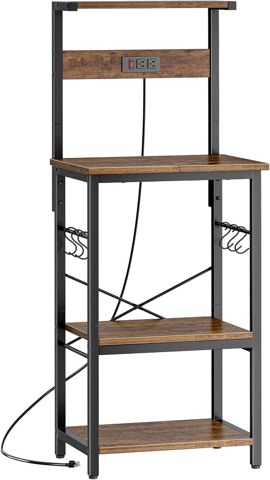 SUPERJARE 4 Tier Bakers Rack with Power Outlets, Microwave Stand with Adjustable Shelf, Kitchen Shelf Organizer for Small Space, Coffee Bar with 6 S Hooks, Kitchen Storage Rack, Rustic Brown