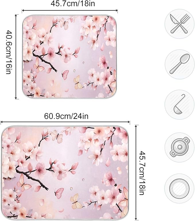 Cherry Blossoms Flowers Dish Drying Mat 18x24 for Kitchen Sakura Branch Pink White Floral Dishes Pad Dish Drainer Rack Mats Absorbent Fast Dry Kitchen Accessories