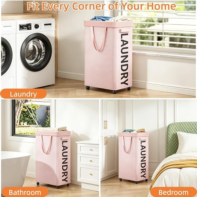 Optish Pink Laundry Basket with Wheels, Dorm Room Essentials Girl, 90L Rolling Laundry Hamper with Wheels, Large Clothes Hamper on Wheel with Removable Mesh Bag for Bedroom, Dorm