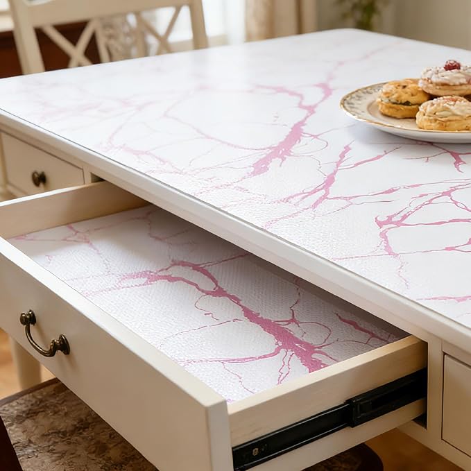 Pink Marble Pattern Shelf Liner, Non-Adhesive Non-Slip Thickened Drawer Liner, Easy to Clean Contact Paper for Kitchen Cabinets, Tool Box, Refrigerator, Includes Knife & Tape Measure.12×236.22inch