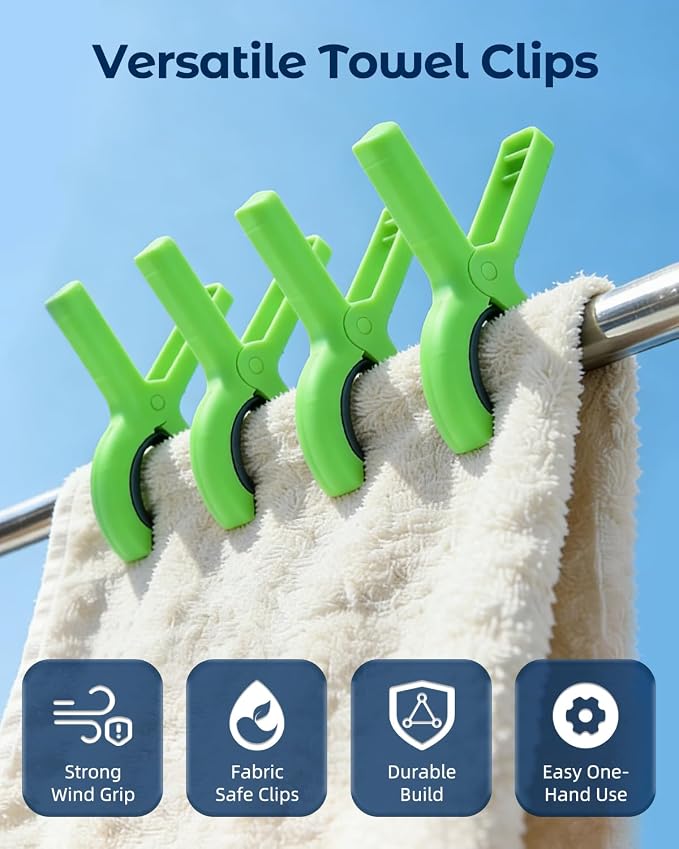 20 Pack Beach Towel Clips Heavy Duty Large Beach Essentials Chair Pool Clip | Green Clips with Strong Grip, Silicone Protection, Rust Resistant Spring, Multi-Use for Beach, Boat, Cruise & Outdoors