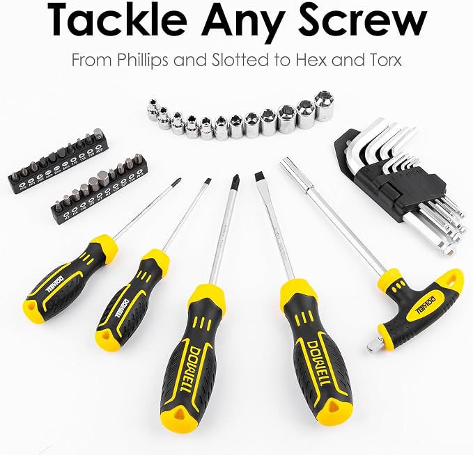 DOWELL Tool Set, 62PCS Tool Kit, Homeowner Wrench Pliers Screwdriver Set | Forged from high-quality steel, a variety of basic tools, for homeowners, handymen, easy storage and portability