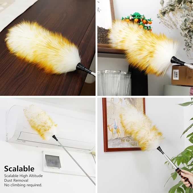 Lambswool Extendable Cleaning Duster 26-64 Inch, Anti-Static Wall Duster Cleaner with Sponge Grip and Stainless Steel Extension Pole for High Ceiling Fan, Interior, and Roof Dusting - Yellow & White