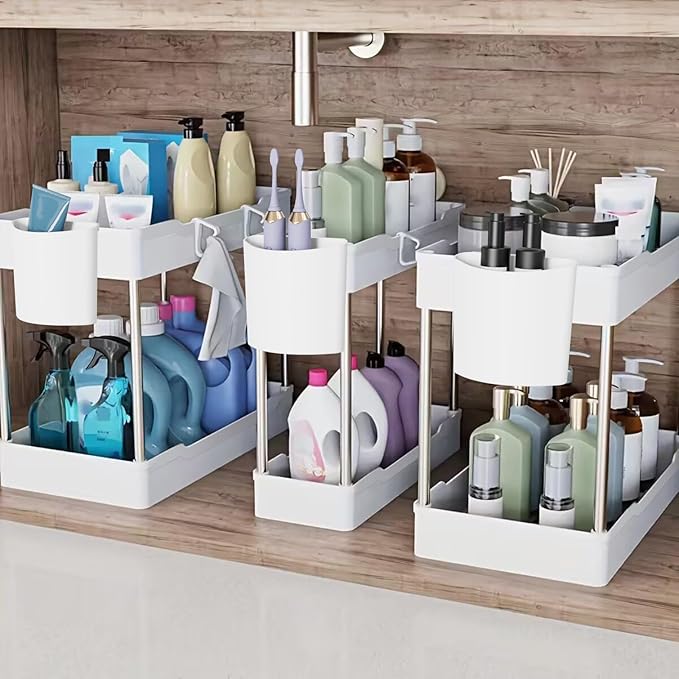 3 Pack Under Sink Organizers and Storage, 2 Tier Bathroom Cabinet Organizer Shelf with Hanging Cups for Kitchen & Bathroom (White)