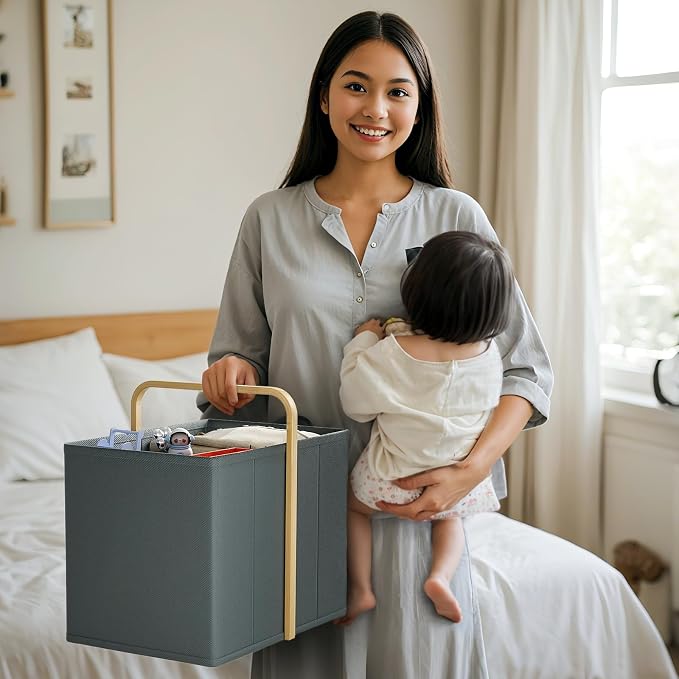 Collapsible Laundry Baskets with Handles 65L Portable Bamboo Laundry Hamper Oxford Fabric Foldable Laundry Bin Portable Cloth Baskets for Storage for Laundry Room Bedroom Living Room Gray