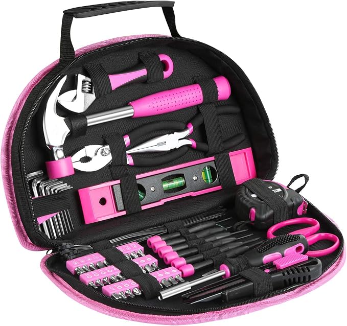 89 Piece Pink Tool kit, Ladies Hand Tool Set with Easy Carrying Round Pouch Household Tool Kit Perfect for DIY, Home Maintenance and Dorm Repair | Compact & Portable, Perfect for DIY & Home Repair, Includes Round Storage Pouch