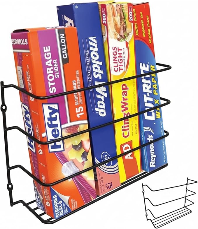 Evelots Kitchen Wrap & Food Bag Organizer Basket, Wall or Cabinet Door Mount, 2-Pack - Black