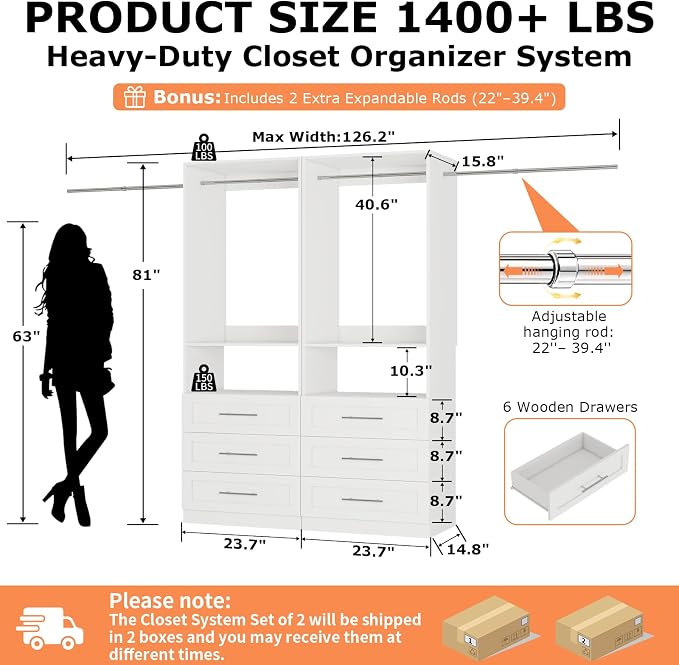 Closet System Set of 2, Closet System with 6 Drawers, 4 Rods & 2 Shelves, 4–10FT Walk in Modular Closet System, DIY Custom Built in Wood Closet Organizer Kit, White