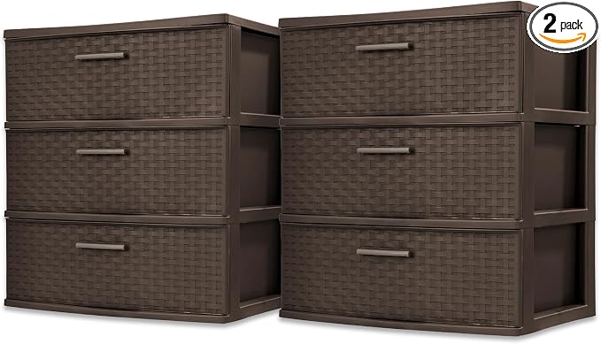 Sterilite 2 Pack 3 Drawer Wide Storage Tower, Weave Organizer, Espresso | Lightweight Opaque Home Organization Container for Bedrooms, Closets, or Bathrooms