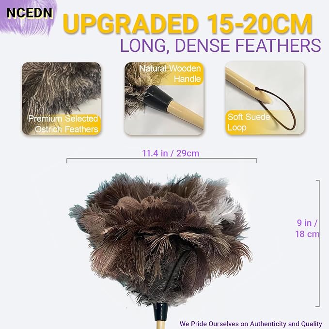 NCEDN Genuine Ostrich Feather Duster 15 inches – Soft Dense Real Feathers, Wooden Handle, Feather Duster for Cleaning Furniture, Blinds & Car Interior