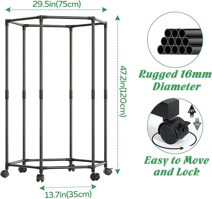 Clothes Rack with Wheels, Hexagonal Rolling Clothing Rack for Hanging Clothes, Clothes Drying Rack, Garment Storage for Bedroom, Laundry, Balcony (47" H)