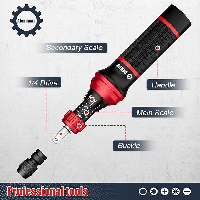 VANPO Torque Screwdriver, 10-70 In-lb, 24 Piece, Click Style for Gunsmith | 1 in-lb Increment, Grip ergonomics, 1/4 Inch Torque Wrench Screwdriver Set with S2 Bits for Electronics,Bike & Mounting
