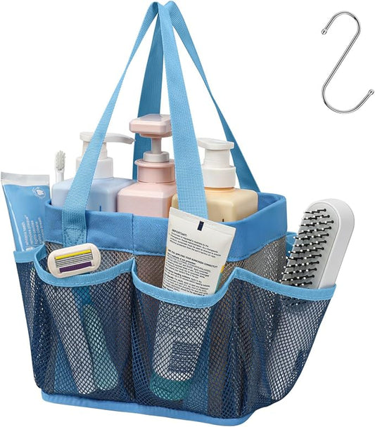 F-color Mesh Shower Caddy Portable - Stand Up 8 Pockets for Dorm, Blue | Stand Up Frame, S Hook, Collapsible Organizer, Mesh Shower Bag Bathroom Tote for College Dorm, Camping, Gym, Travel