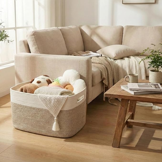 JMvicyroam 96L Large Woven Cotton Rope Blanket Basket, White&Oatmeal | Blanket storage for living room or bedroom use, Freestanding with reinforced handles, Entire basket is machine washable