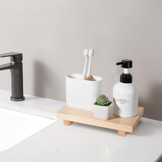 Bathroom Counter Organizer Wood Pedestal Stand Farmhouse Decorative Tray Soap Holder for Kitchen Decor, 9" x 6" - Burlywood