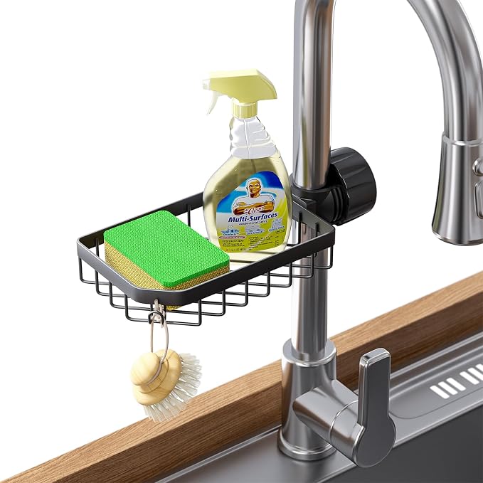 LONIN Sponge Holder Over Faucet Kitchen Sink Caddy Organizer, Stainless Steel Detachable Hanging Faucet Drain Rack for Bathroom, Scrubbers, Soap, (Black)