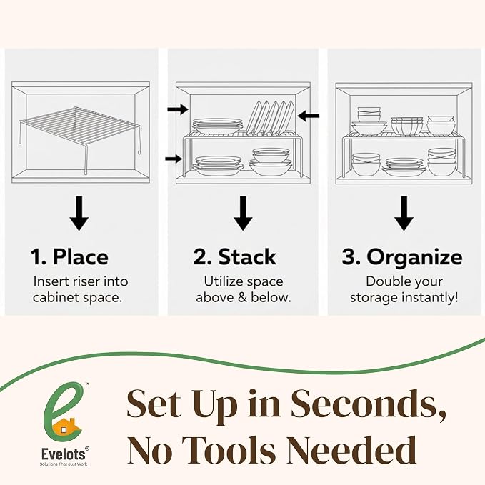 Evelots Wire Shelf Organizer Set, Large Metal Cabinet Risers, 4-Pack, White | Four large rustproof metal shelf organizers create extra storage space in kitchen cabinets, pantries, freezers and bathrooms.
