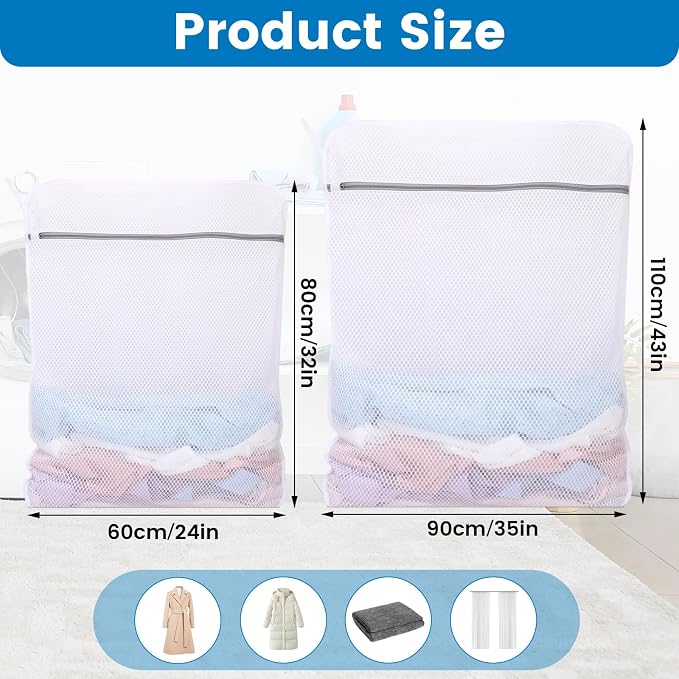 2 Pack Extra Large Mesh Laundry Bags for Delicates, 24x32In+35x43In | 120gsm Honeycomb Mesh, Protect Delicates, Sturdy Zipper, Reusable, Washer & Dryer Safe, For College, Dorm, Home and Travel