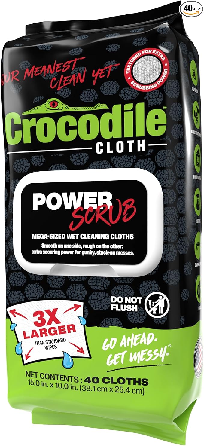 Crocodile Cloth PowerSCRUB - 40 (15" x 10") Heavy Duty Cleaning Wipes - Dual-Surface Cloths, Moist, Absorbent, & Disposable - Safe on Skin & Multiple Surfaces