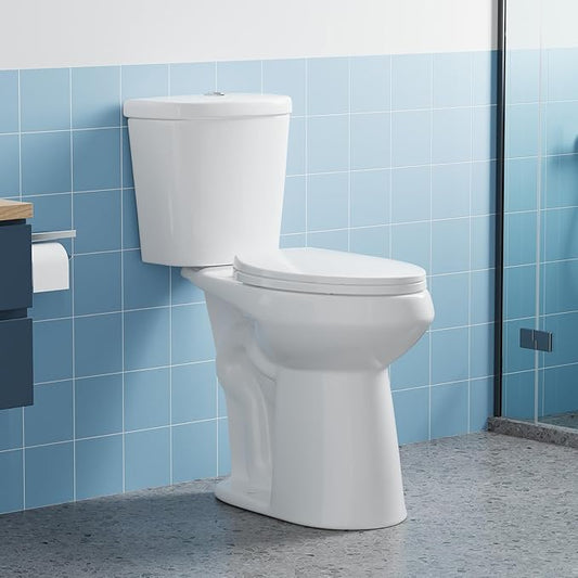 Two Piece Toilet, 21" Elongated ADA Comfort Height with Upgraded Flushing, Dual Flush Buttons (Top Mounted), Includes Soft-Close Seat & Hardware, White, 12" Rough-in