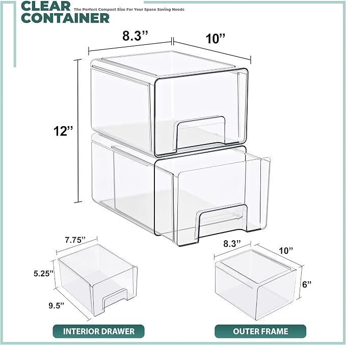 Sorbus Large Clear Stackable Storage Drawers – 2-Pack Plastic Organizer Bins with Handles – Pull-Out Stackable Drawers for Bathroom Closet, Medicine, Cabinet, Pantry Storage, Baby Bottle Organizer