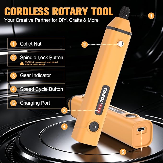 Mini Cordless Rotary Tool, Multi-Purpose Power Rotary Tool Kit (yellow) | 67 Accessories, Variable Speed， USB-C Charger, for Engraving, Sanding, Polishing, Grinding, DIY Crafts