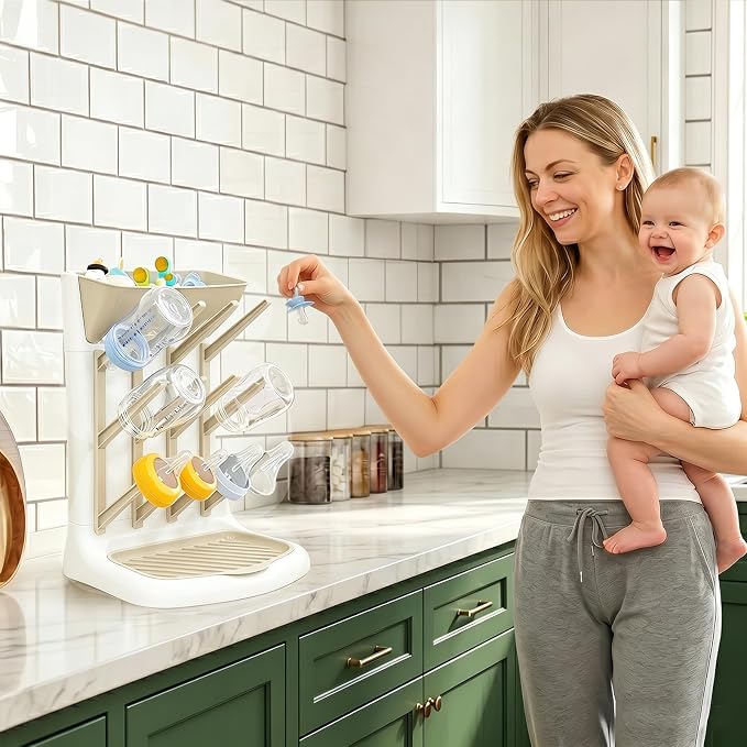 GoMaihe Baby Bottle Drying Rack: Space Saving Vertical Bottle Dryer Holder | Baby Accessories Storage Stand Organize Brushes Pacifiers on Countertop - BPA-Free - Beige