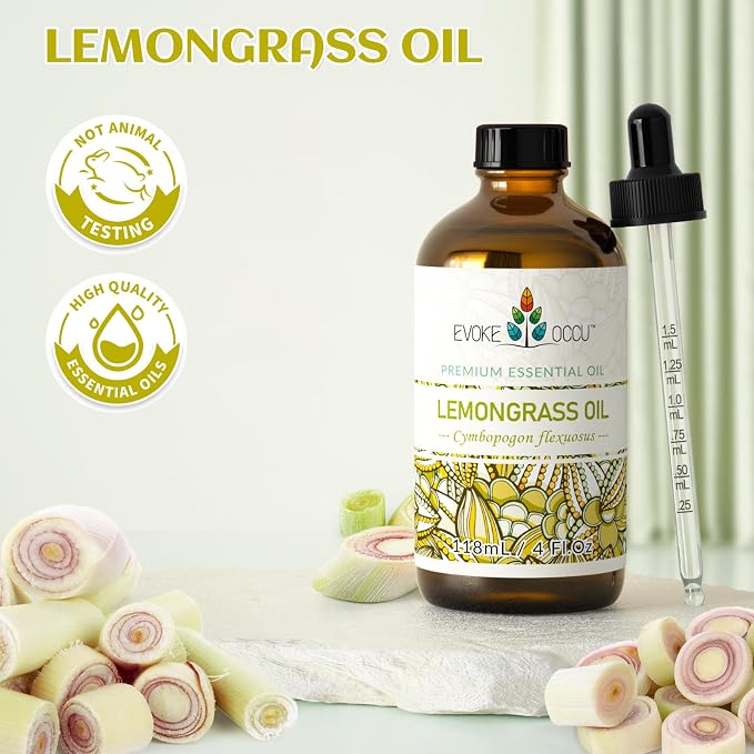 EVOKE OCCU Lemongrass Essential Oil for Diffuser, Skin Care & Aromatherapy | Ideal for Outdoor Protection, Massage, Home Cleaning, Versatile DIY & Full Space Odor Removal -118ml /4 fl oz