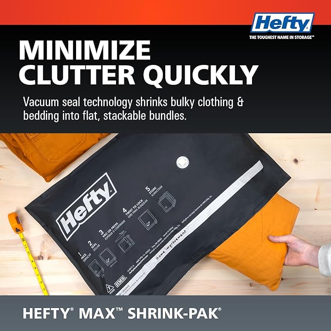 Hefty MAX Shrink-Pak Vacuum Seal Storage Bags for Clothing, Travel, Bedding | Tear & Water Resistant, Dual-Valve Space Saver Compression Bags - Large, 4-Pack