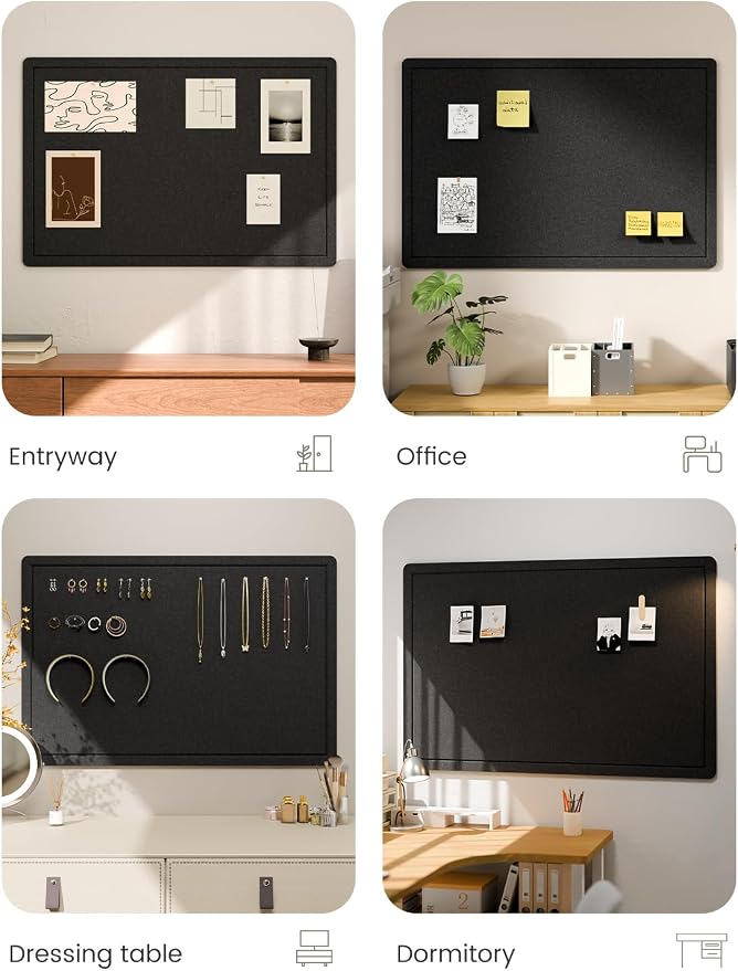 Fluxynara 35.4" x 23.6" Bulletin Board, Black | Cork Board Alternative with 12 Removable Adhesive Tabs, Foldable Felt Pin Board for Home, Office, Classroom & Dorm
