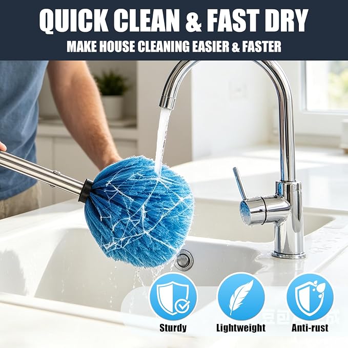 Spider Web Duster Brush Kit – Lightweight 6.5FT Pole with Washable Microfiber Head – Extends to 13.5FT for High Ceilings, Ceiling Fans, Cobwebs – Also for Furniture, Eaves, Garage, Patio