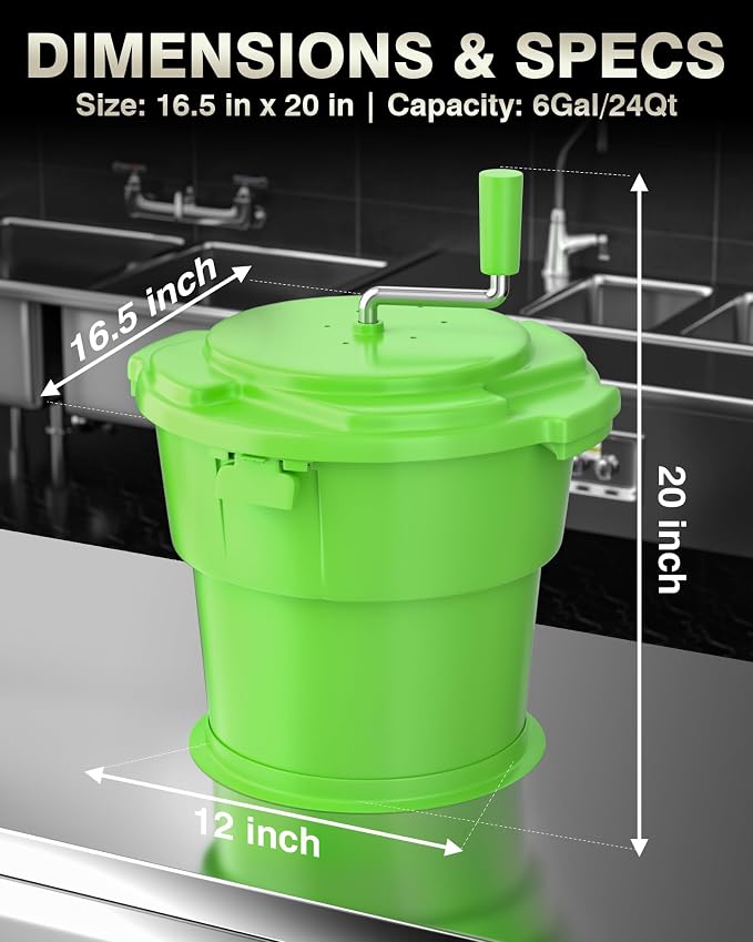 WantJoin Commercial Salad Spinner - [6 Gallon Salad Dryer] w/Silicone [Anti-slip Mat] & [Draining Hose], 24Qt Manual Salad Spinner for up to 7 Heads of Lettuce Spinner Large for Catering, Green