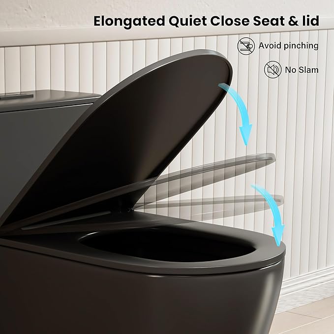Casta Diva Elongated One Piece Toilet Black with 17" ADA Comfort Chair Height Seat Compact Toilet for Bathroom Power Dual Flush 1.1/1.6GPF & MAP 1000g, 12'' Rough-in, Matte Black