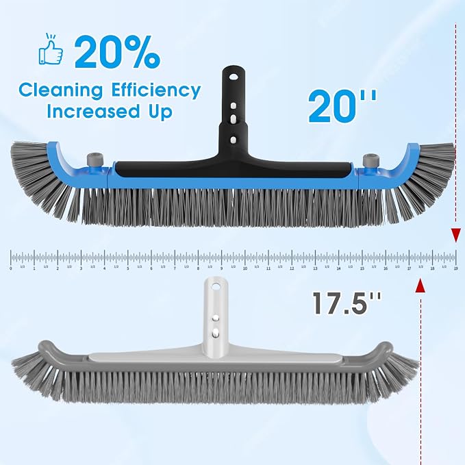 2 in 1 Pool Brush with Pole - 20'' Heavy Duty Swimming Pool Brush & Single Pool Brush Head, 9ft Aluminum Poles, Cleaning Inground & Above Ground Pools