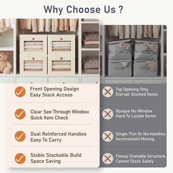 DIMJ Storage Bins with Lids - 4 Pack Front Opening Stackable Fabric Storage Boxes with Clear Window & Handles, Collapsible Closet Organizers for Clothes, Sweaters, Shelf Storage, Bedroom, Beige
