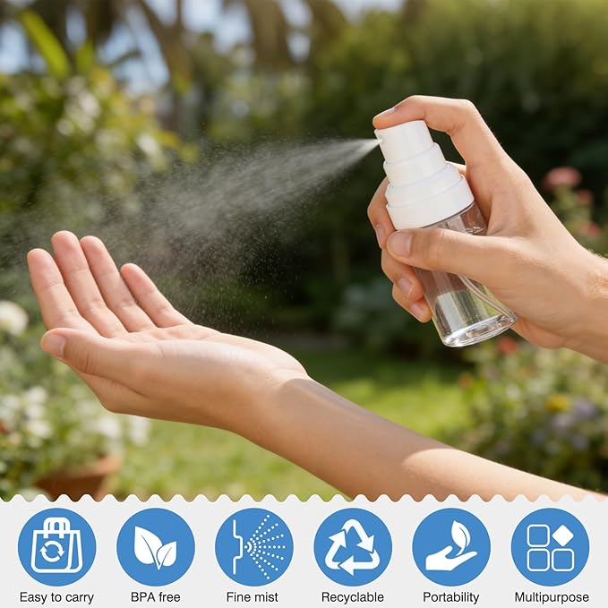 Travel Spray Bottles 2 Pack 1.35oz Small Fine Mist Spray Bottles, Portable Refillable Plastic Travel Bottle Set for Toners, Perfume, Rose Water